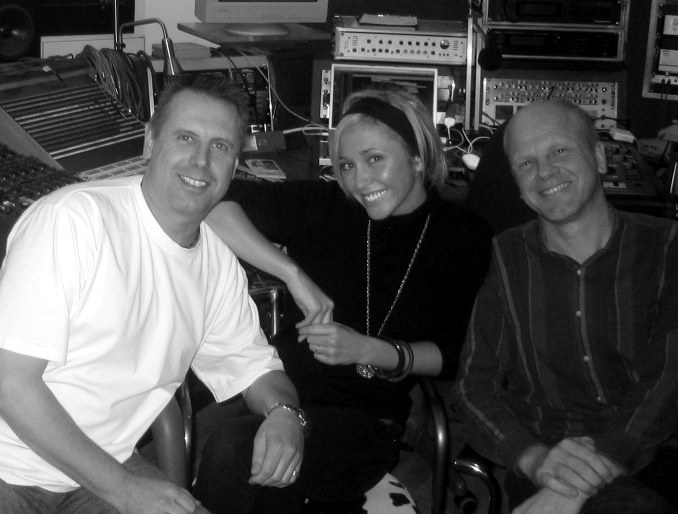 Mike Blake and Mike Shannon in the studio with Jenny Frost