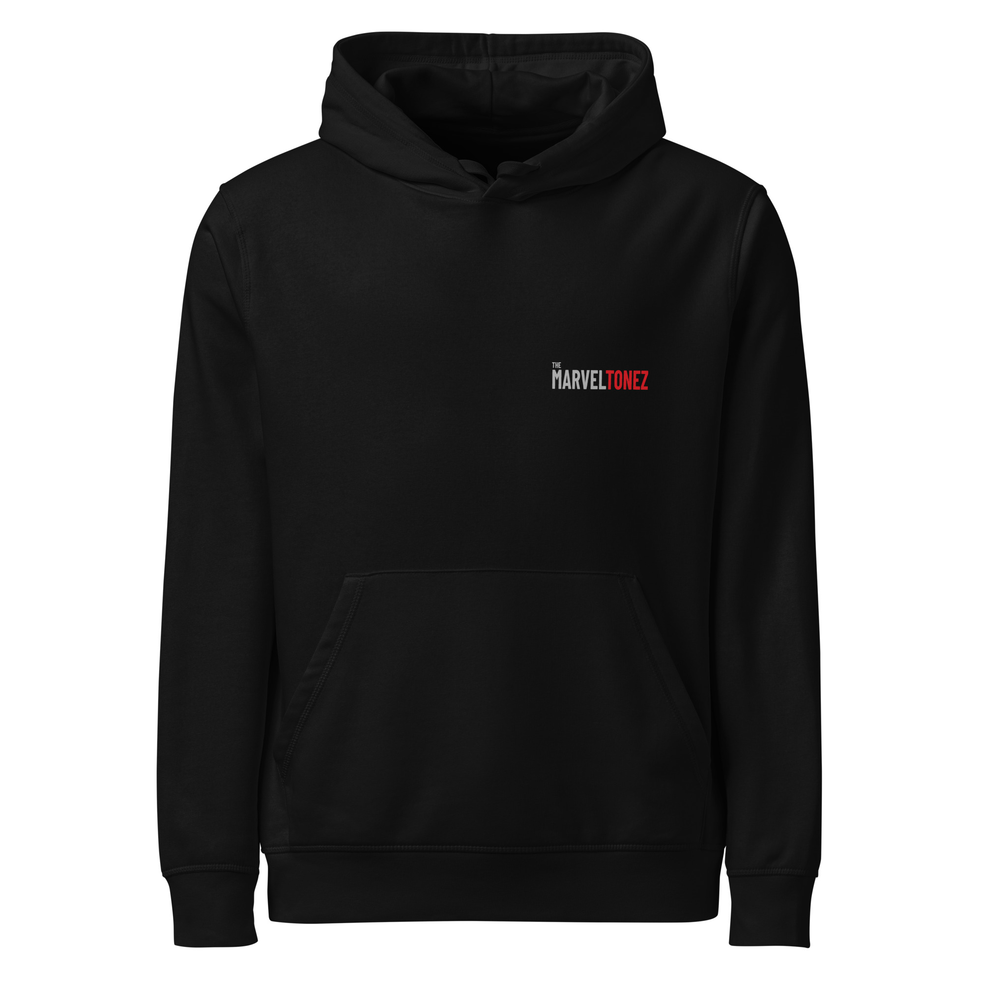 Front view of the black Marveltonez Studio Hoodie
