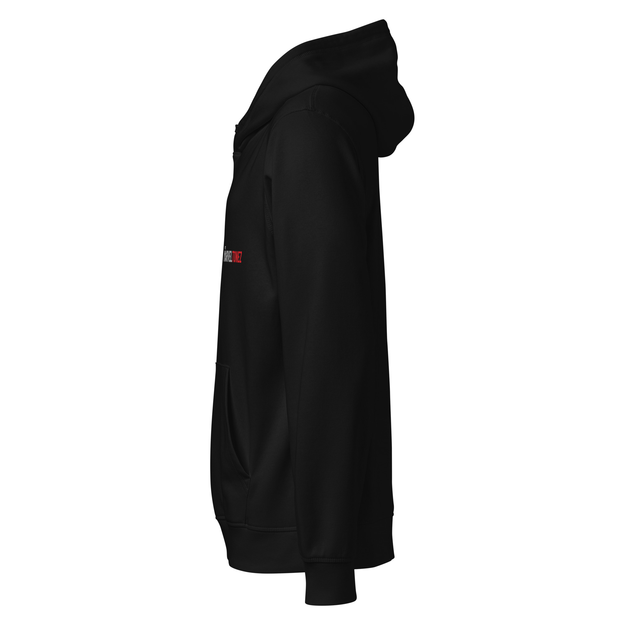 Left side view of the black Marveltonez Studio Hoodie